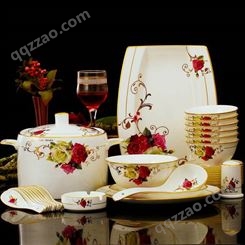景德镇山水花卉陶瓷餐具套装 48头雕金玫瑰餐具碗盘 结婚乔迁礼品餐具礼盒