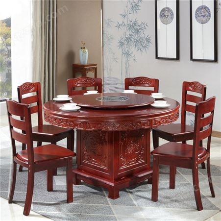 南京新中式实木餐桌椅组合 带转盘圆形家用吃饭桌子 轻奢大圆桌
