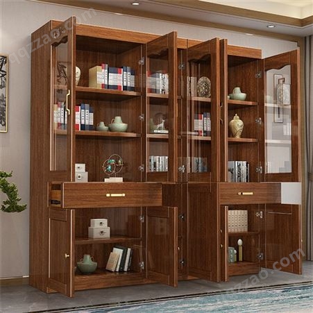 中式实木书柜 书架落地组合 家用转角柜 卧室文件柜 书橱全屋定制