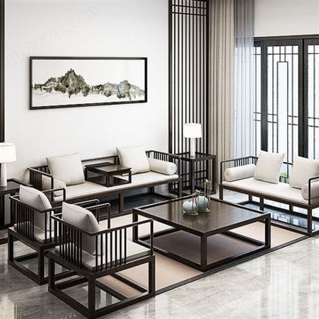 杰洛克 实木沙发组合 新中式客厅家具 小户型木质沙发 农村经济型木布艺沙发